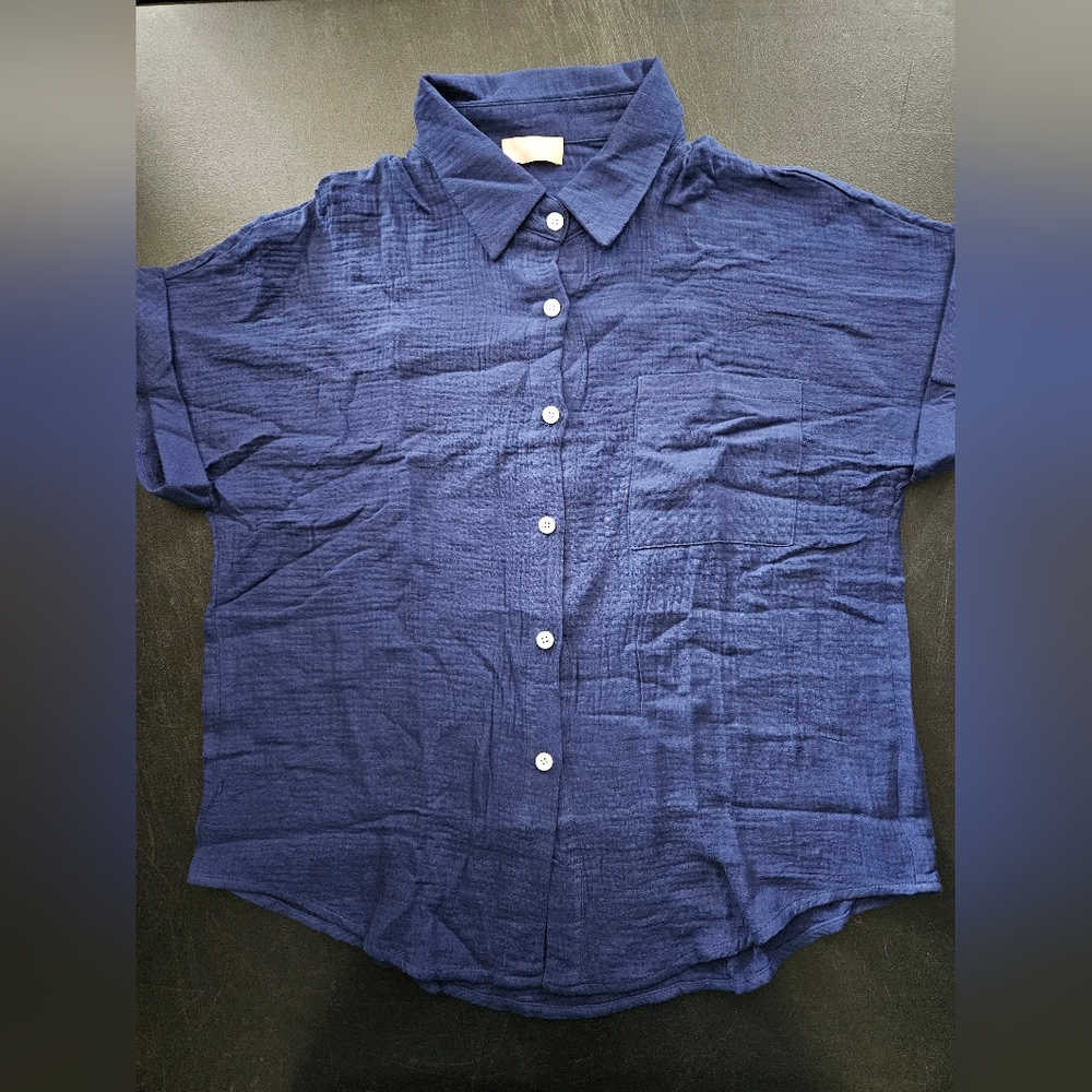 NWT - Boutique - Cotton Dark Blue Textured Button Up Short Sleeve Shirt - Size L - Picture 4 of 13